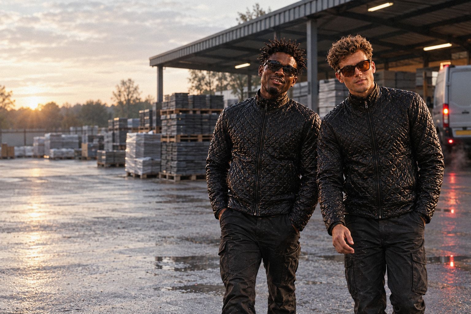 The two WolfX characters walk out of a roofing merchant's yard in the morning.