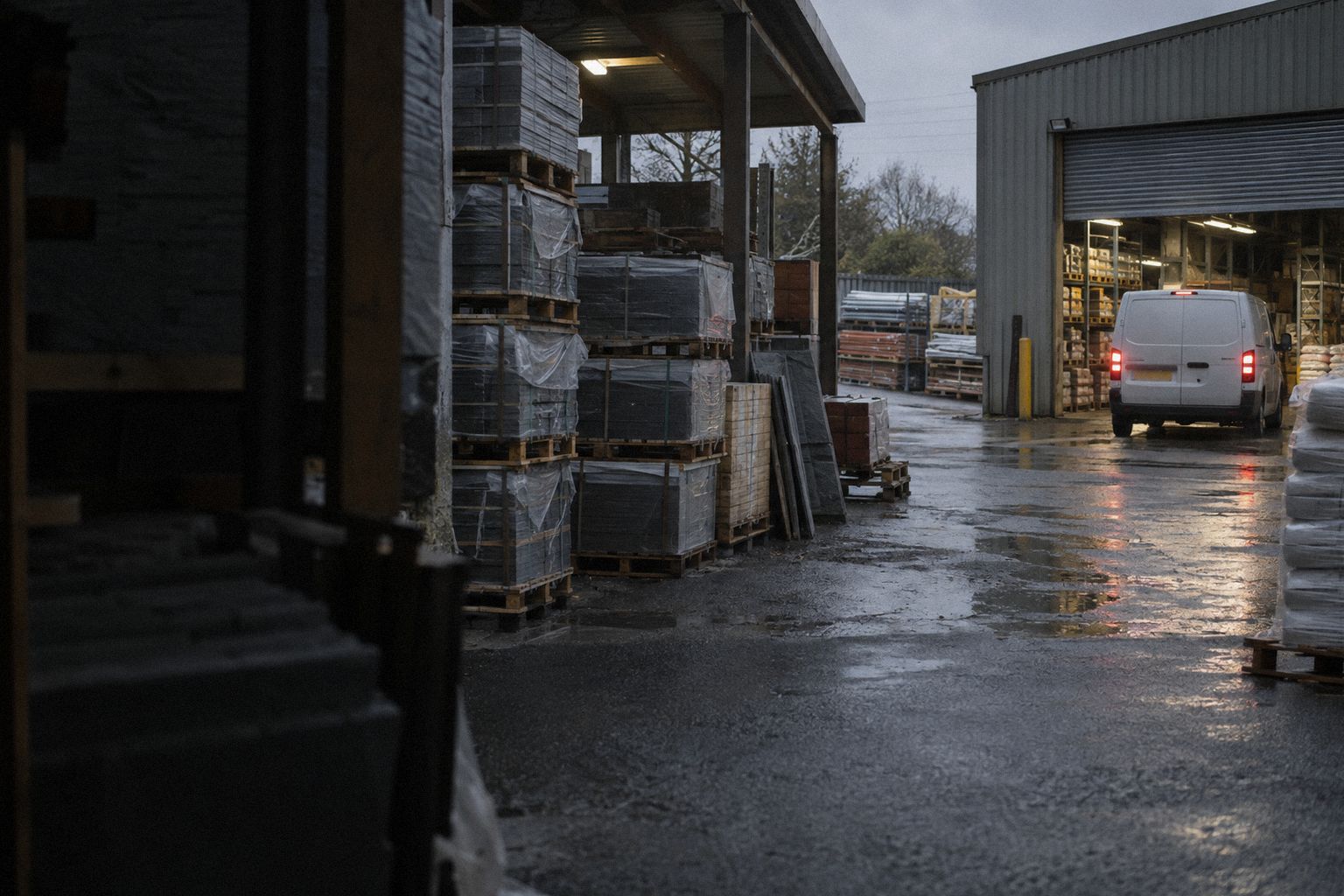 A roofing merchant's yard at 7.10am, slate pallets under the canopy.