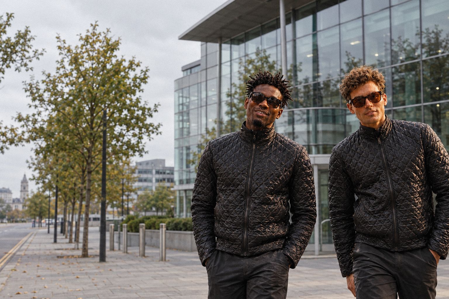 The two WolfX characters walk past a modern office building in Cardiff on an overcast morning.
