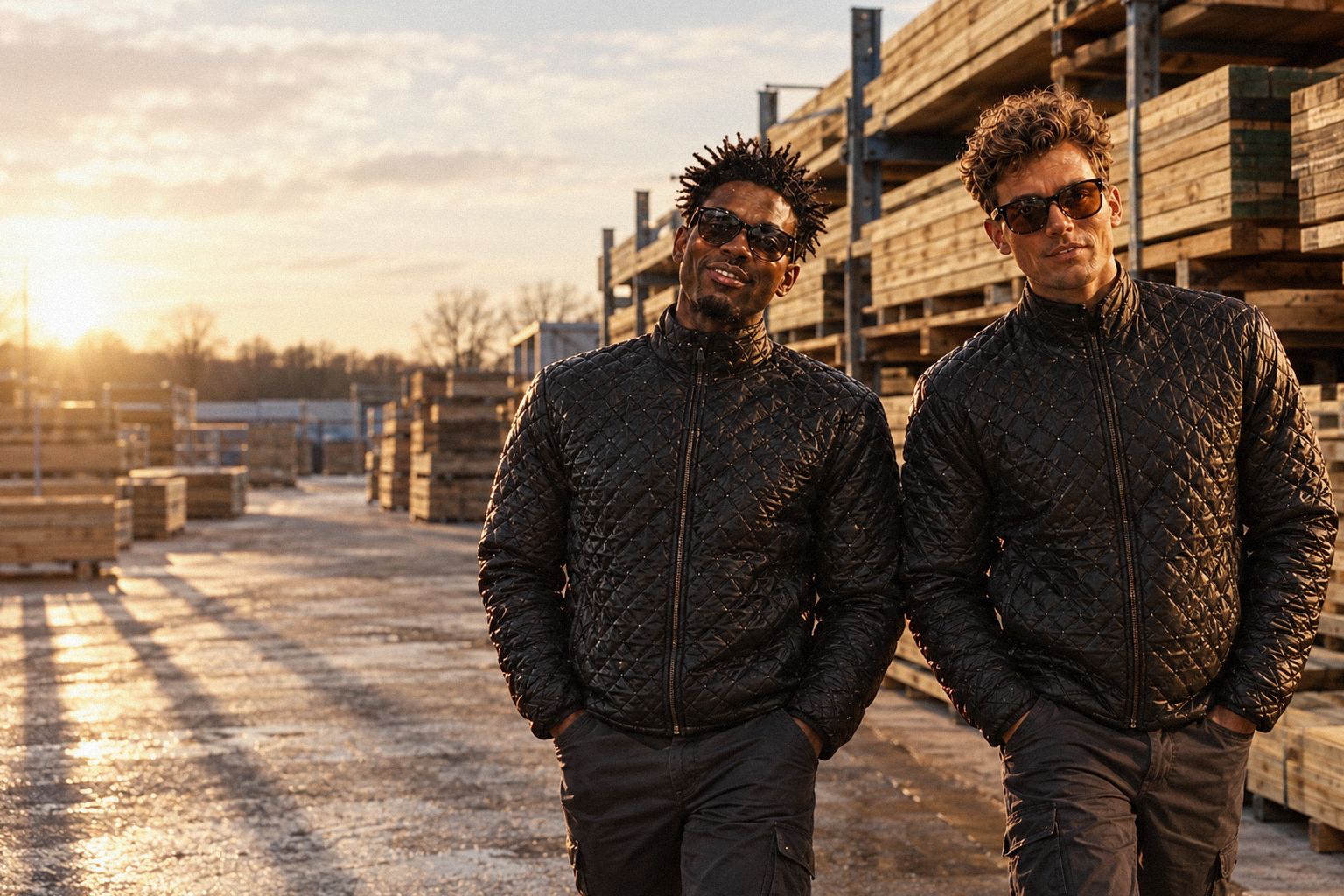 The two WolfX characters walk through a timber yard in low winter sun.