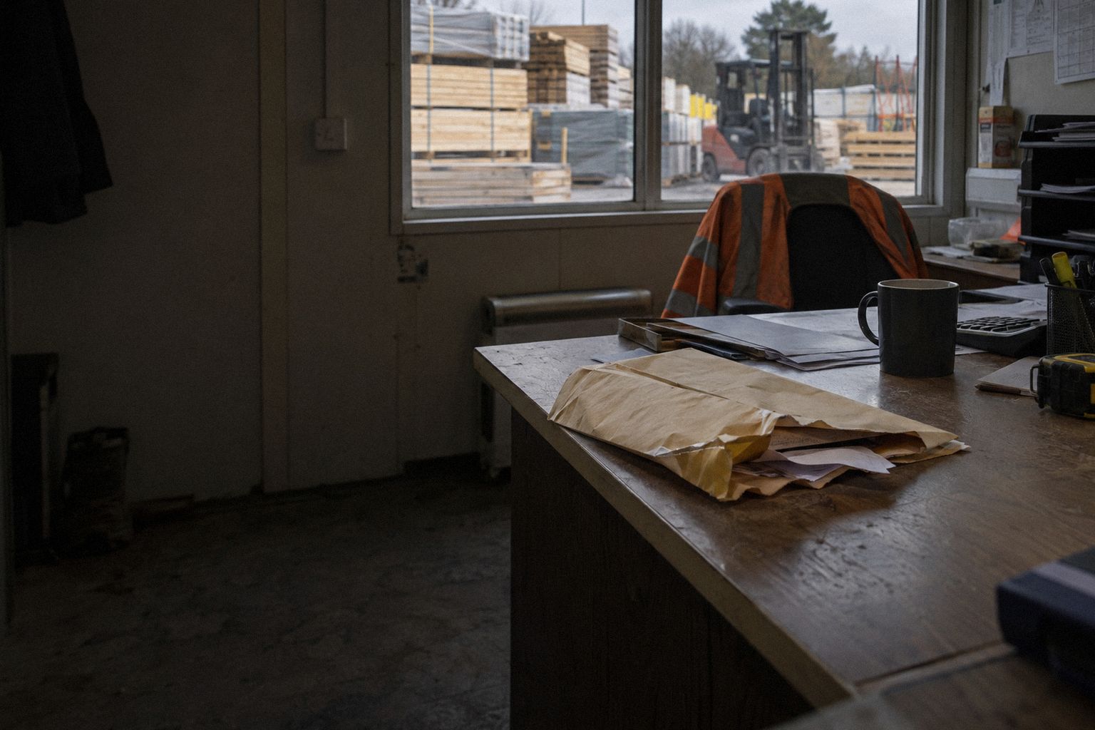 A builders' merchant's office at 4.30pm, a thick envelope torn open on the desk.