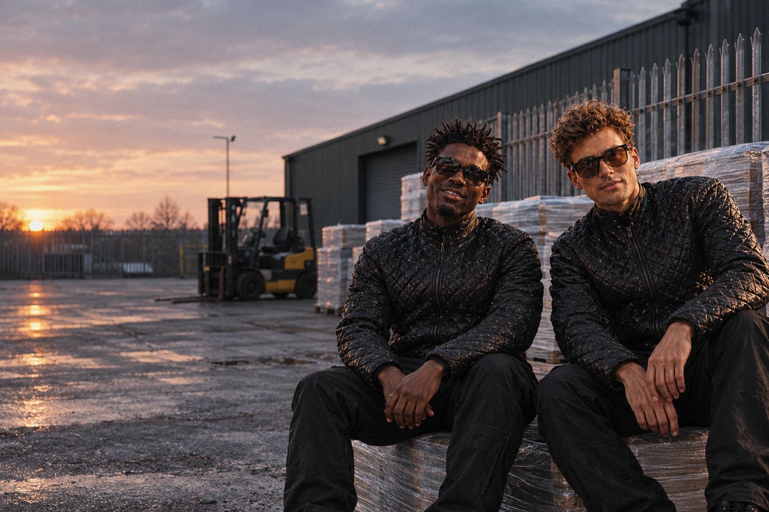 The two WolfX characters walk beside a fenced yard of wrapped pallets at first light.