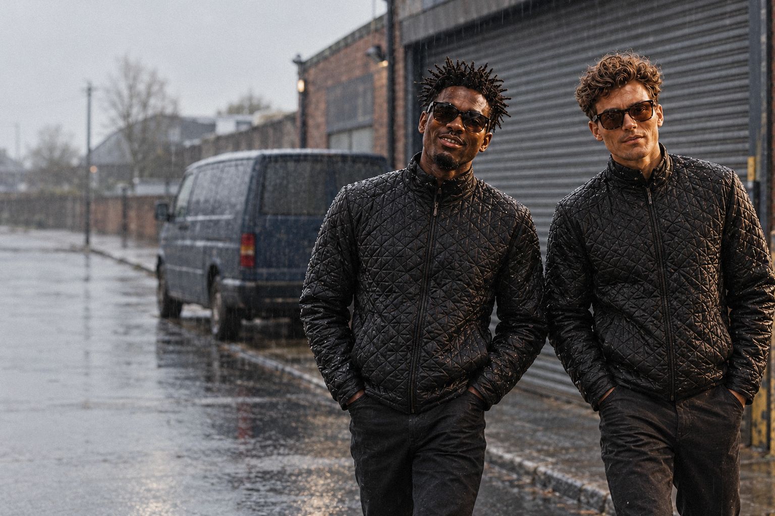The two WolfX characters walk past a closed workshop in the drizzle.