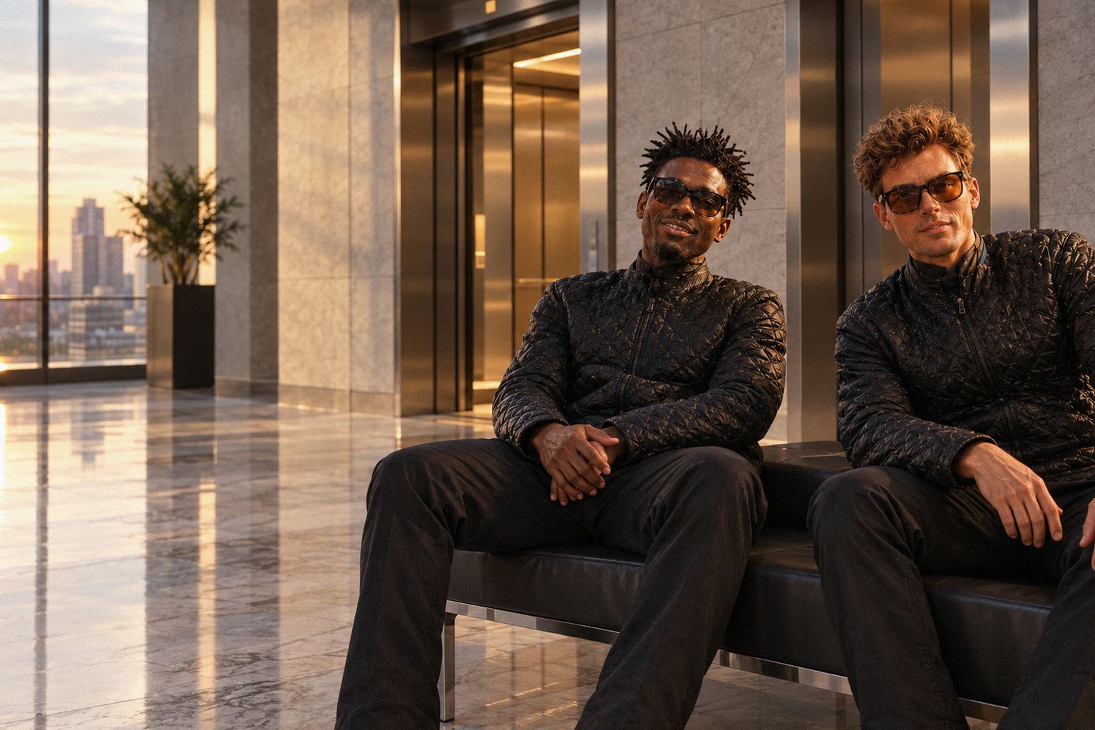 The two WolfX characters wait as a lift opens in an office lobby.