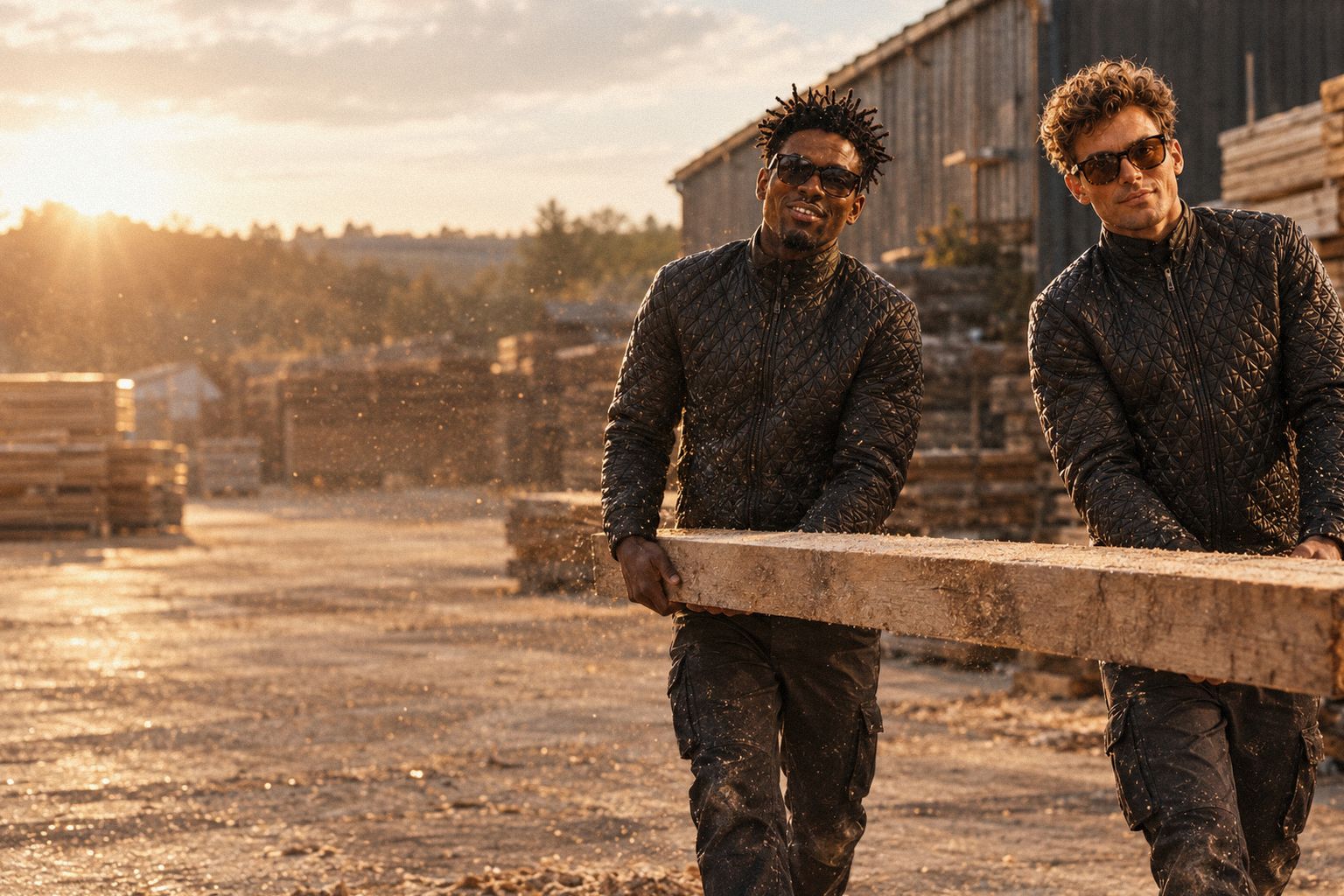 The two WolfX characters carry a long plank out of a timber yard in low sun.