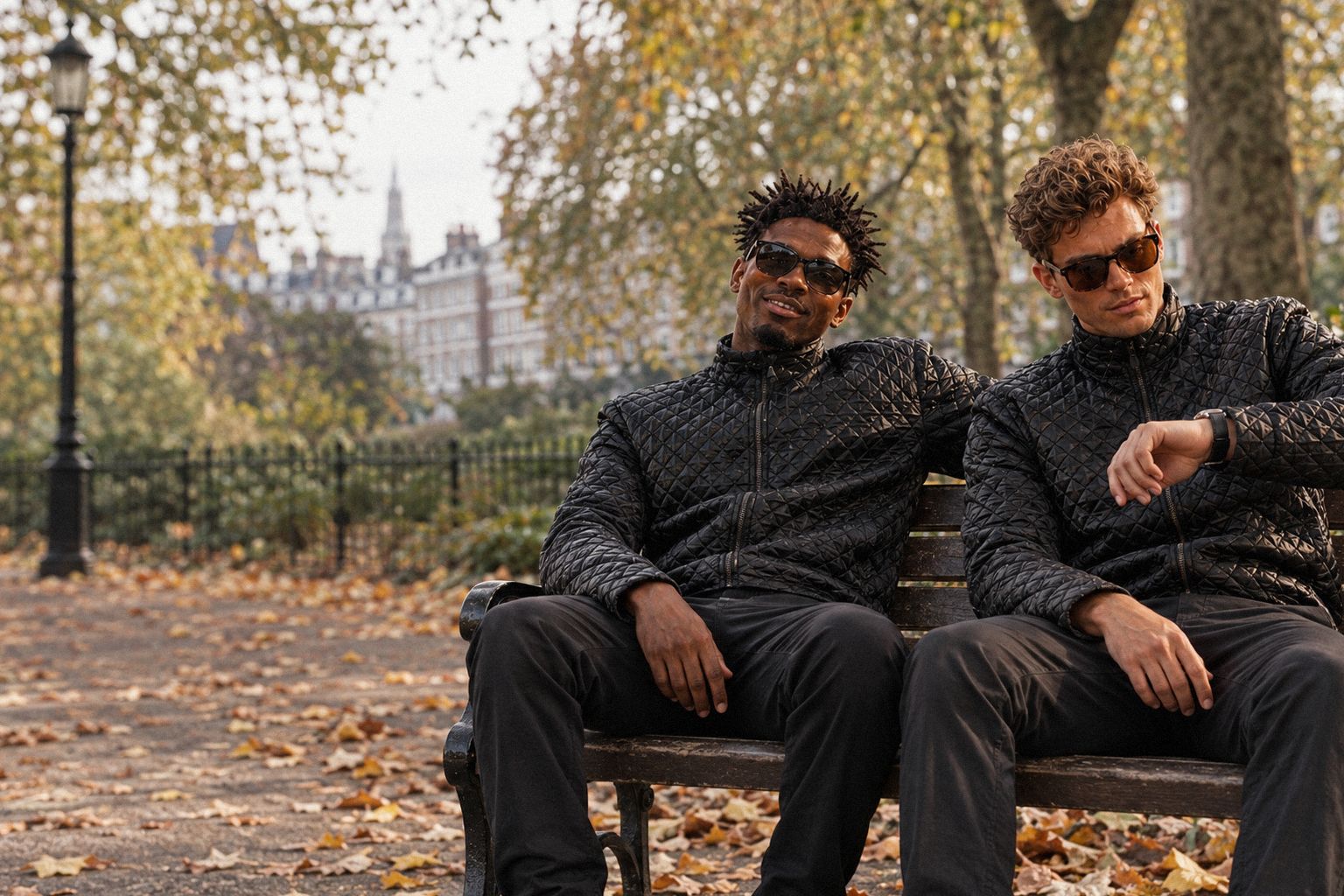 The two WolfX characters sit on a park bench on an autumn afternoon.