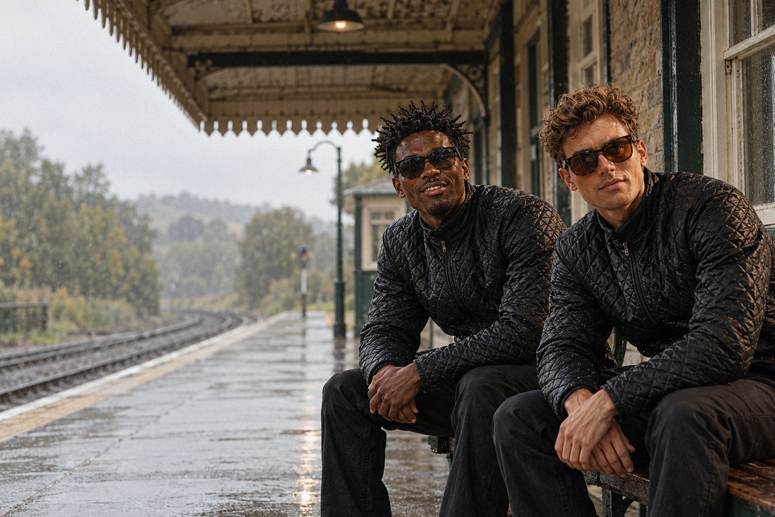 The two WolfX characters wait on a country station platform in light drizzle.
