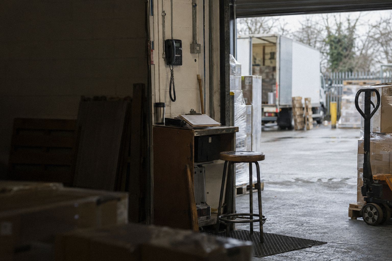 A warehouse corner at 8.50am, a wall phone by the door and a clipboard of job sheets.