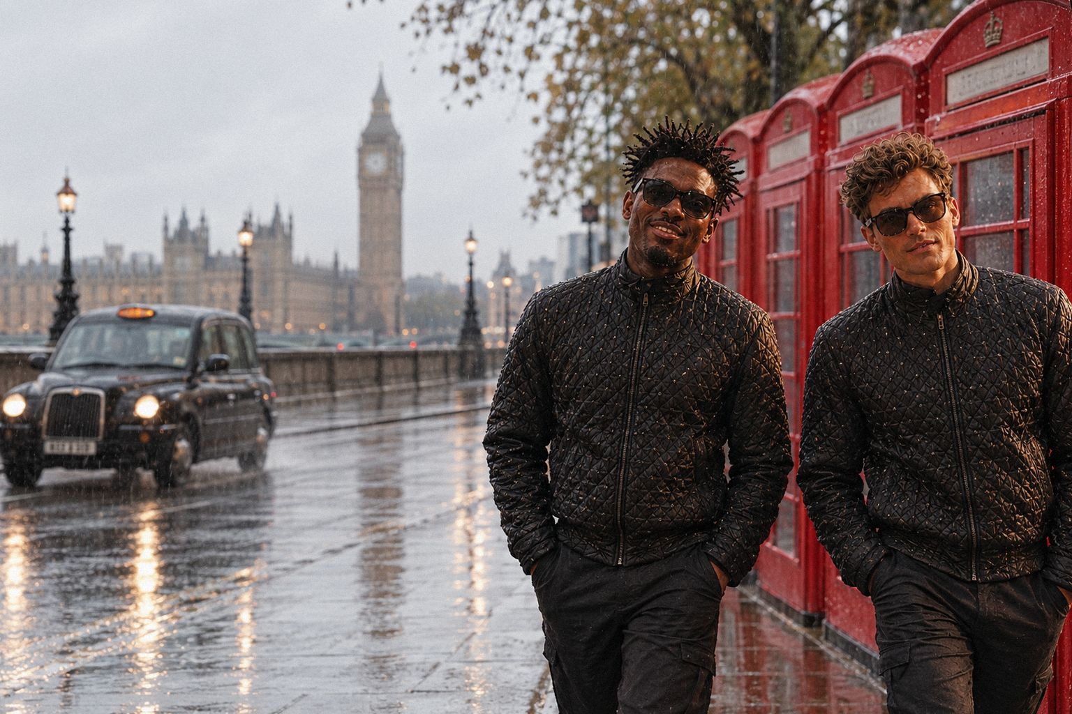 The two WolfX characters walk past red phone boxes on a rainy London street.