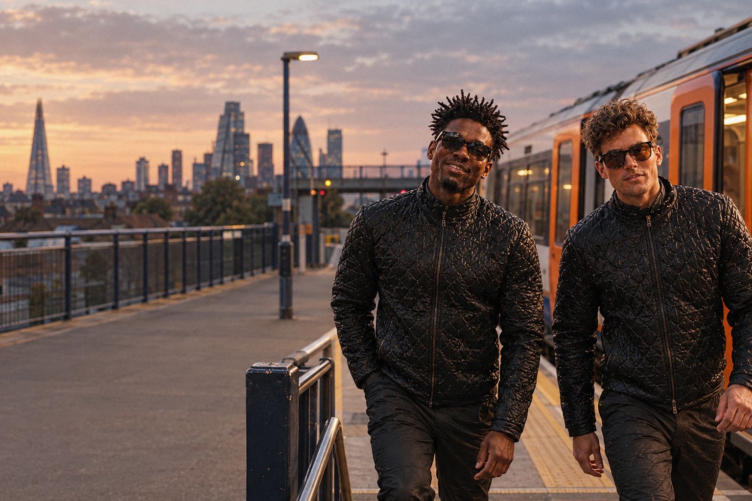 The two WolfX characters walk up from a train platform in the evening.