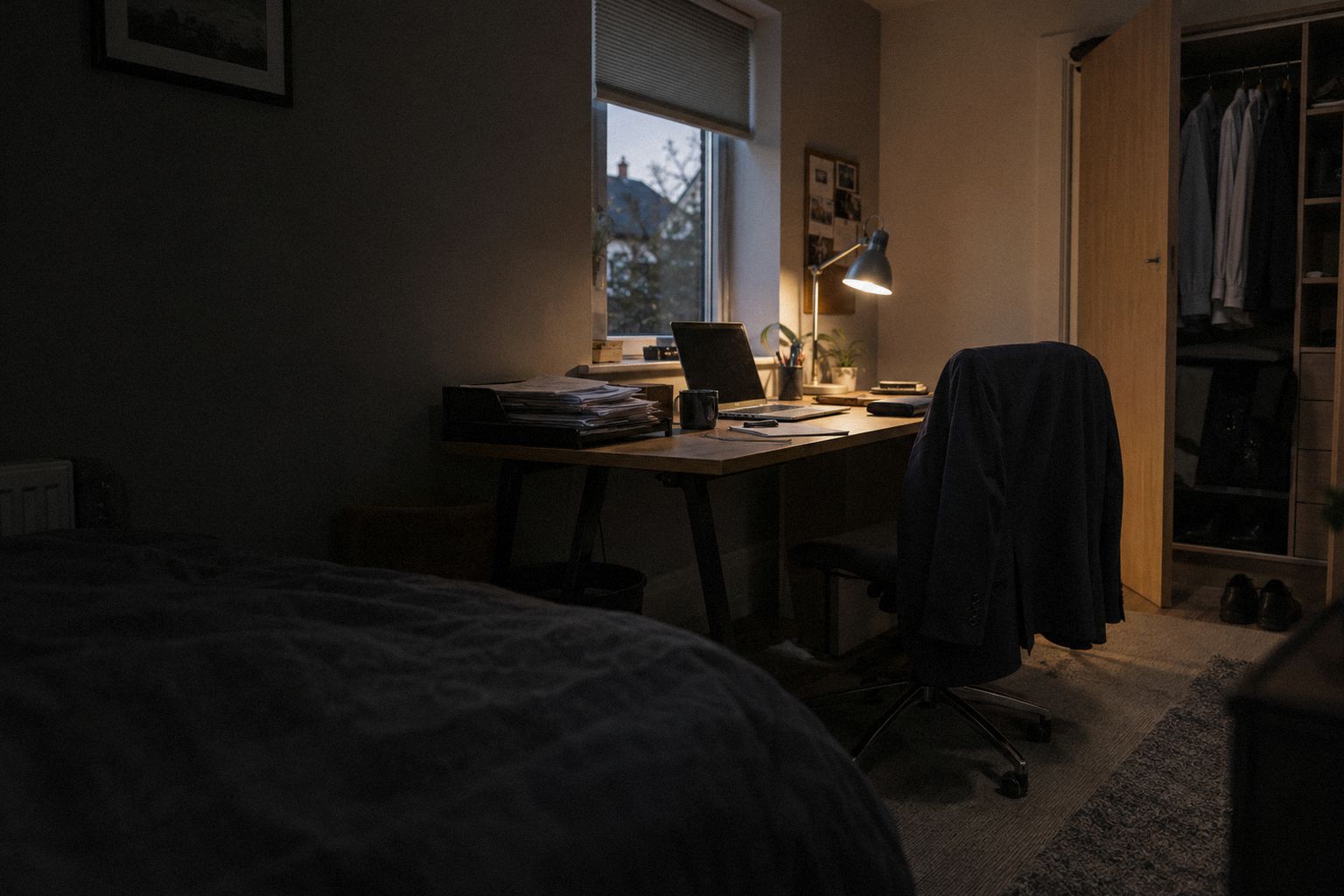 A contractor's spare room at 9pm, a tray of signed timesheets under the lamp.