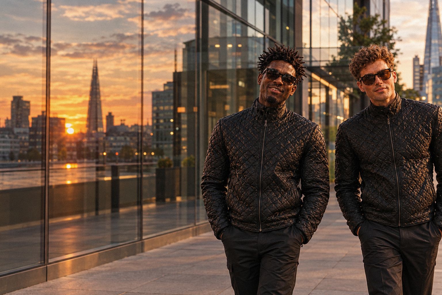 The two WolfX characters walk past glass offices on a Friday evening.