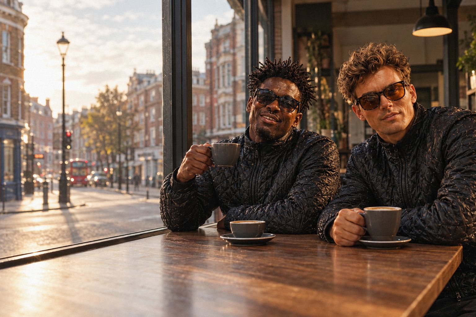 The two WolfX characters stand at a coffee shop window counter in the afternoon.