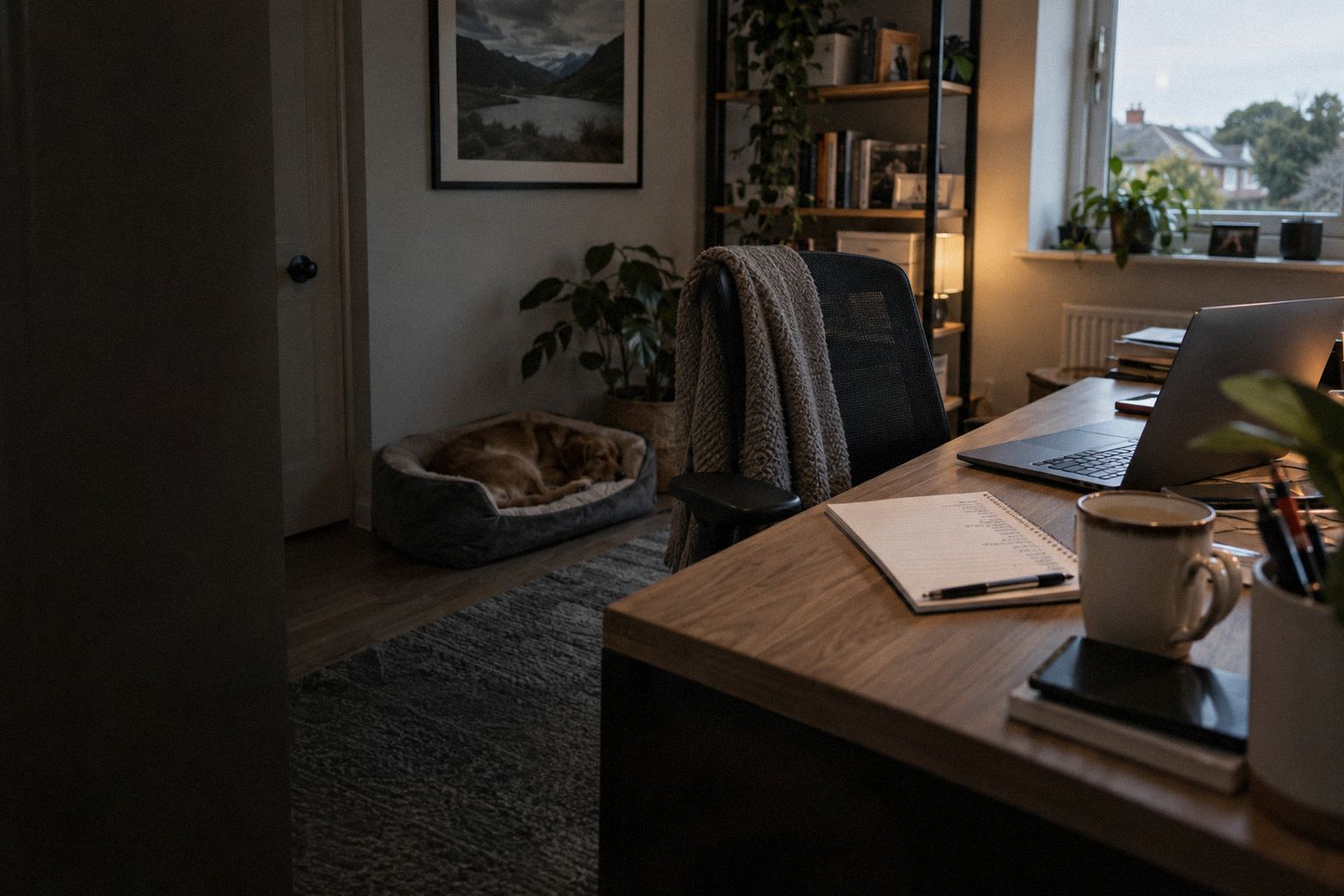 A home office at 7pm, a notepad of dates beside the laptop and a dog bed in the corner.