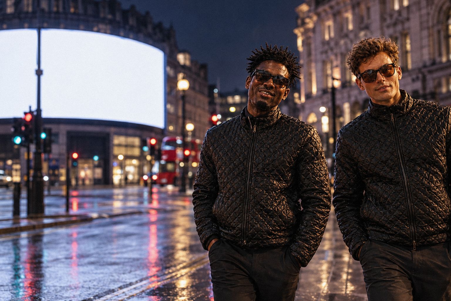 The two WolfX characters walk past a glowing billboard at a city junction at night.