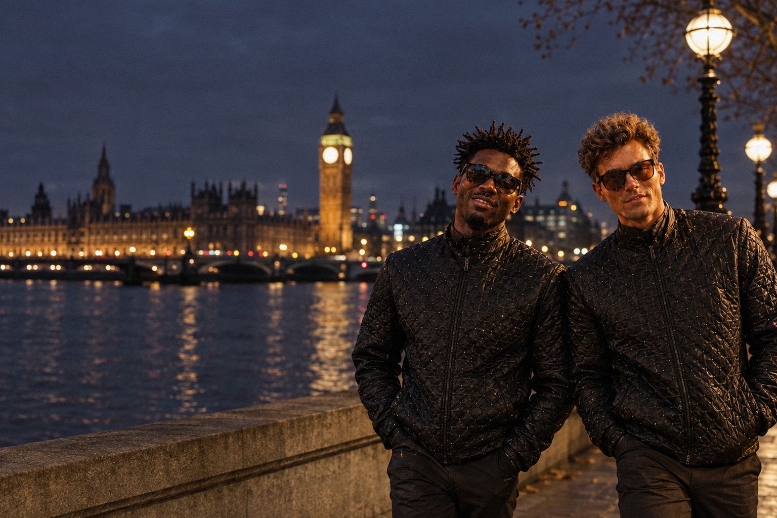 The two WolfX characters walk along the Thames embankment at night.