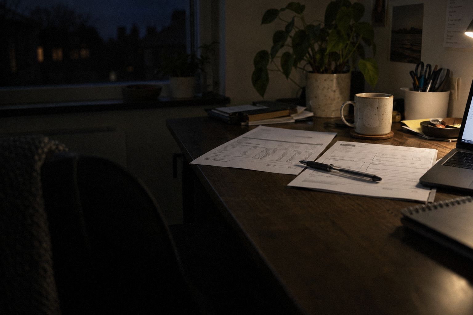 A desk at 10pm, a printed invoice and a form side by side with a pen.