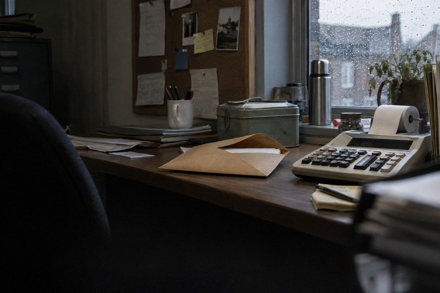 An opened brown envelope beside a calculator on a desk, rain on the window.