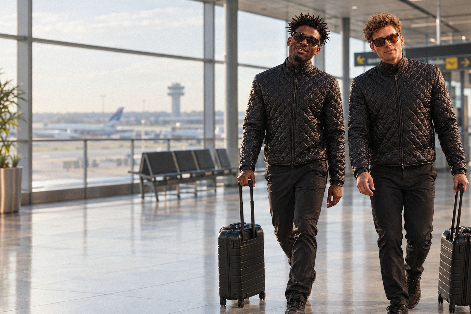 The two WolfX characters walk through an airport departures hall pulling cabin cases.