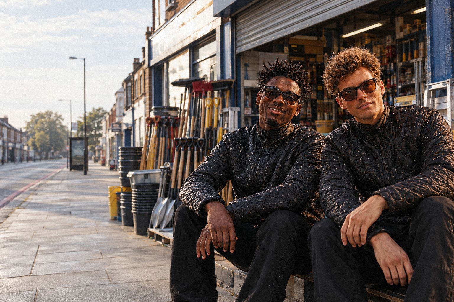 The two WolfX characters walk past a hardware shop opening in the morning.