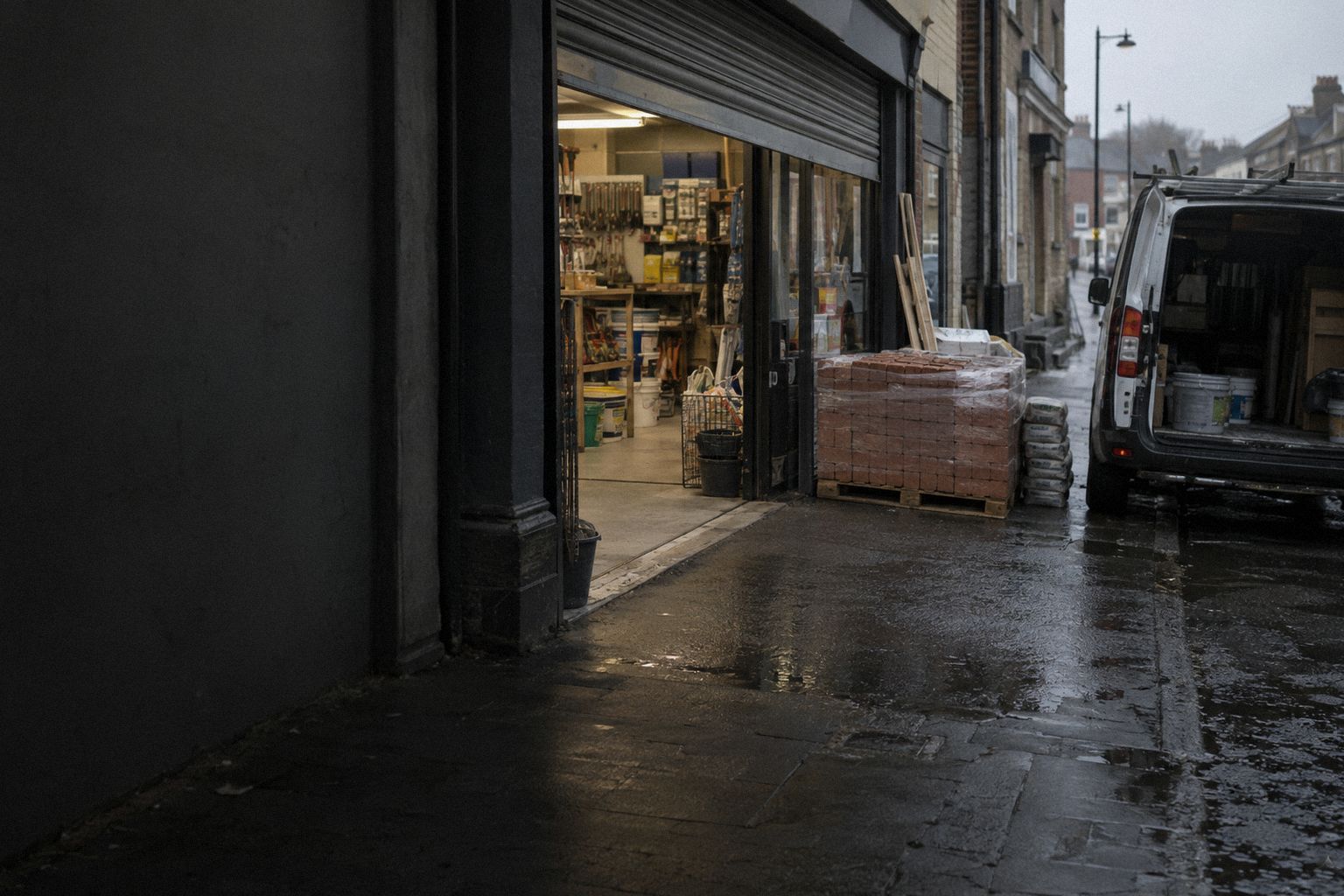 A hardware shop at 7.30am, the shutter half up and a pallet of bricks by the door.