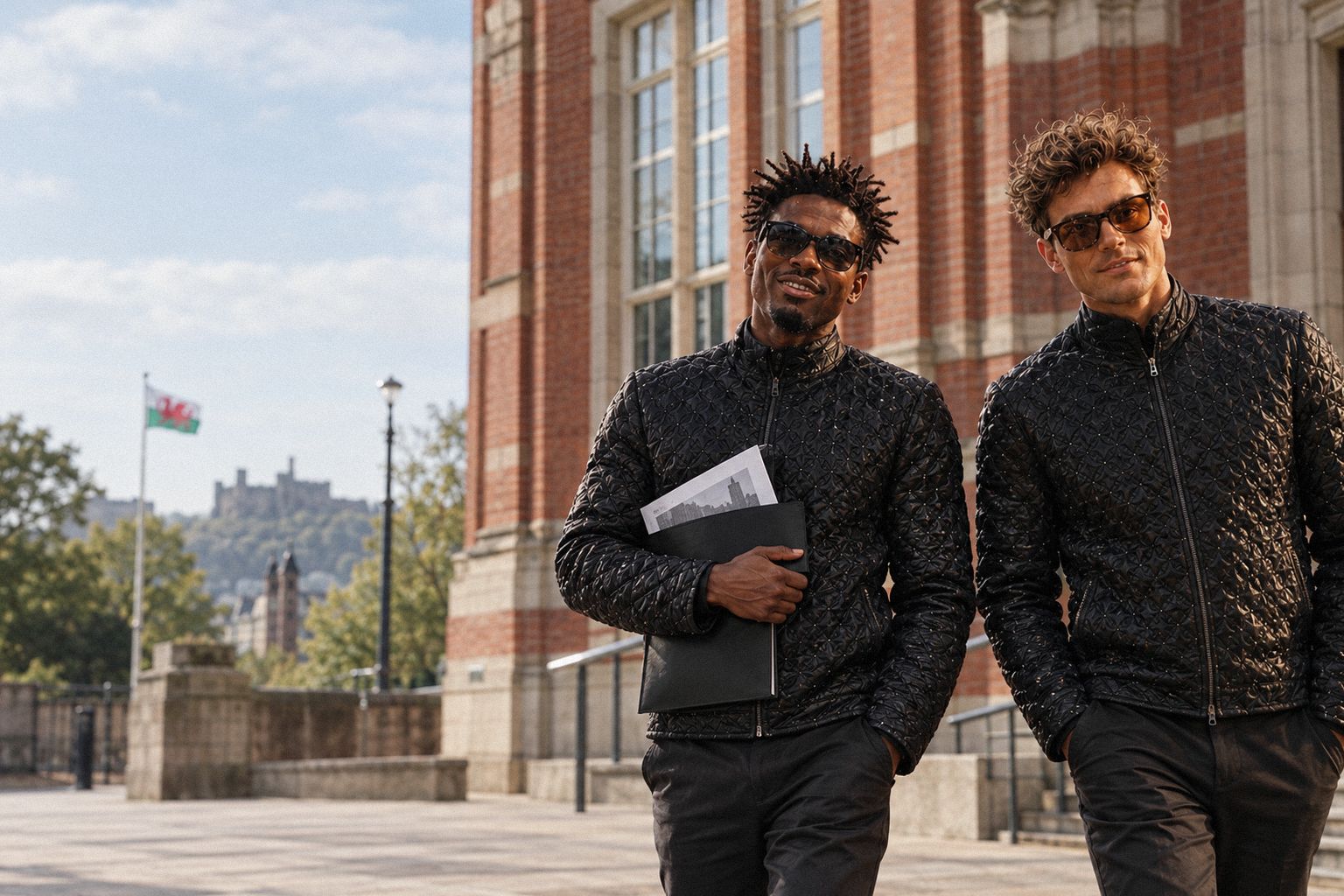 The two WolfX characters leave a red-brick public building in Cardiff on a breezy morning.