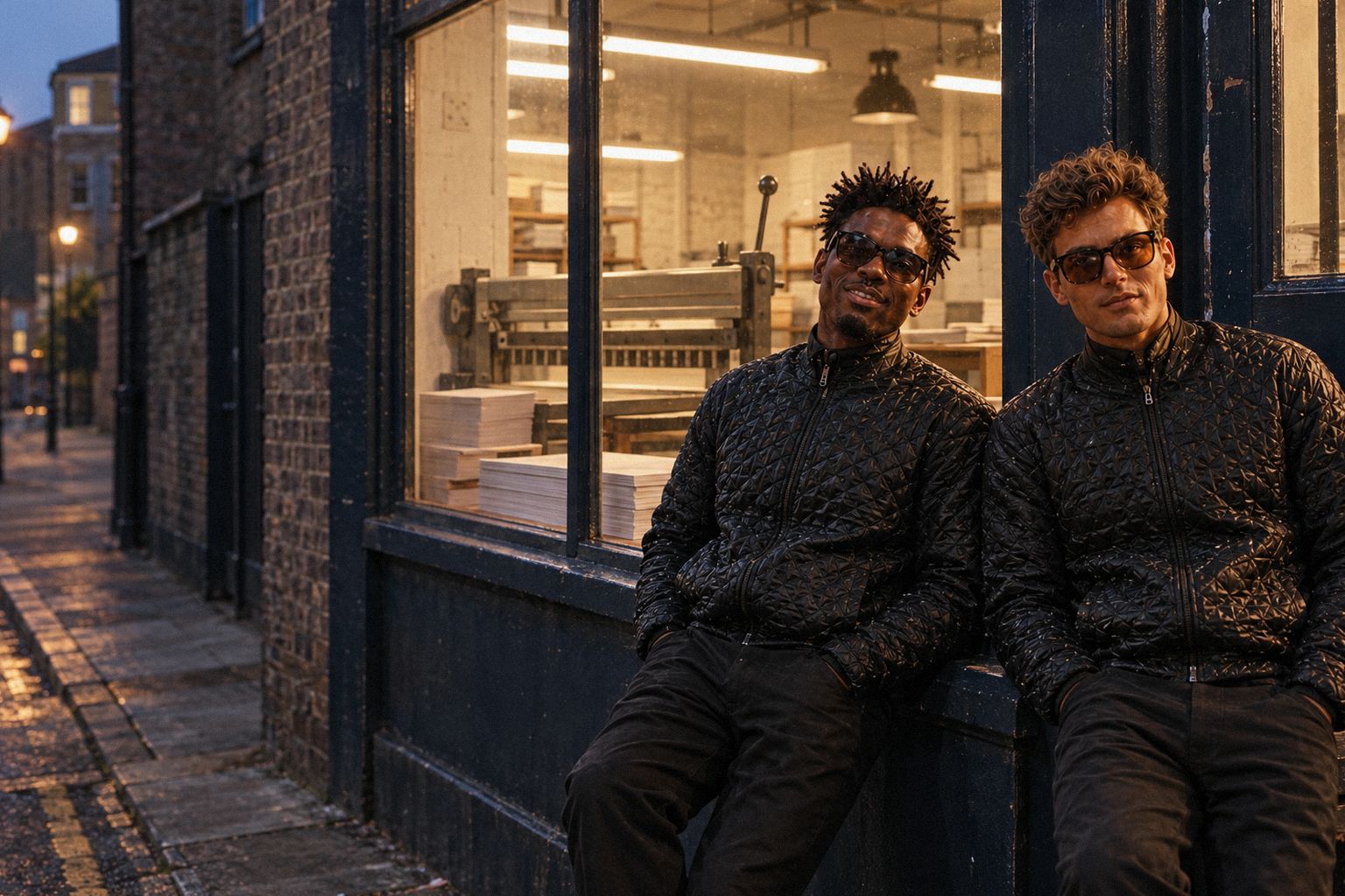 The two WolfX characters walk past a print workshop's lit window at closing time.