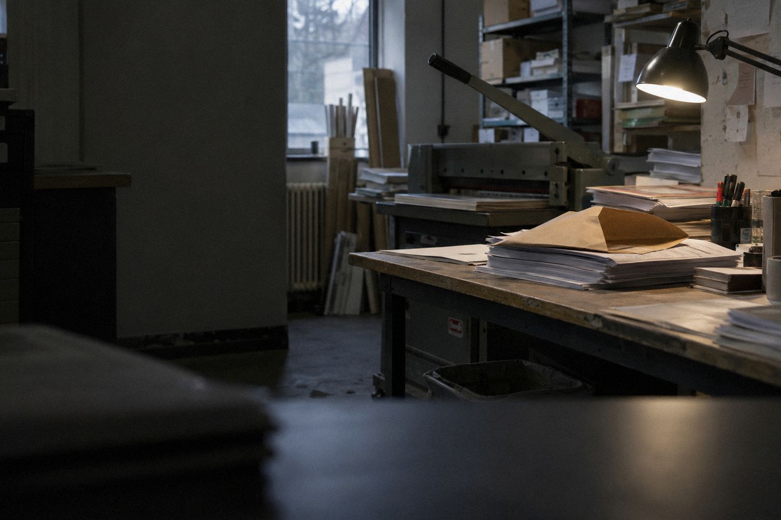 A brown envelope on a stack of delivery notes under a lamp in a print workshop.