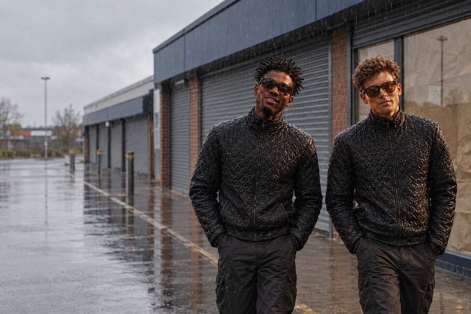 The two WolfX characters walk past shuttered units on a retail park in the rain.