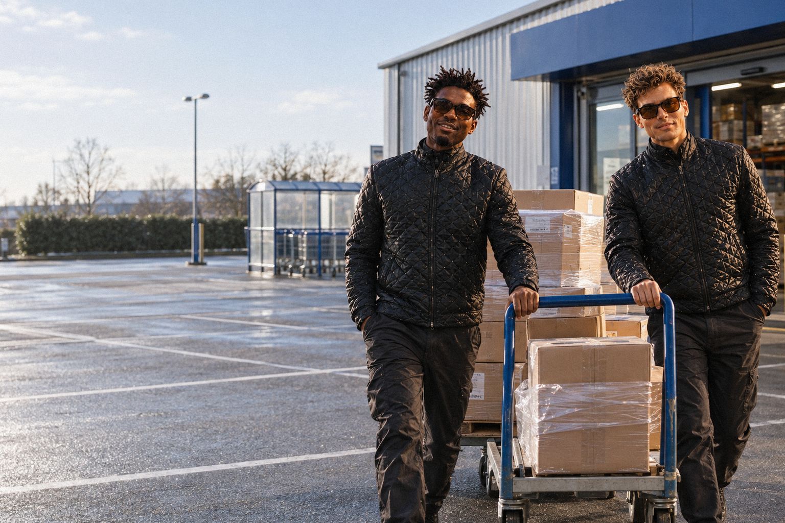 The two WolfX characters push a loaded trolley out of a cash-and-carry in the morning.