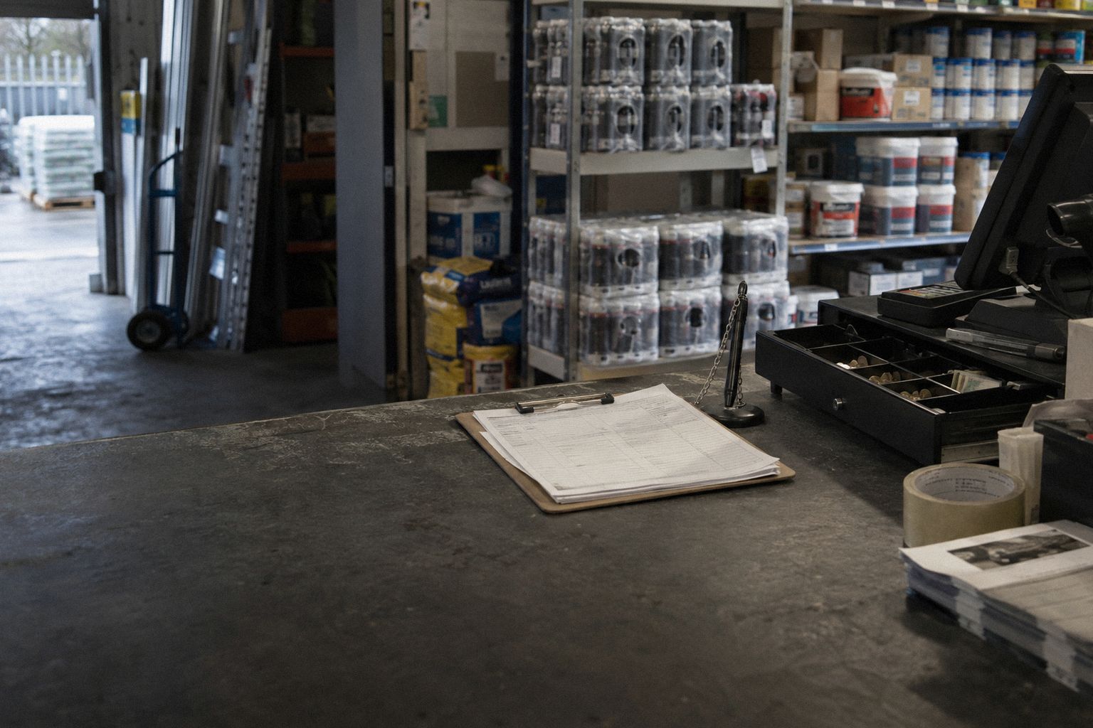 A cash-and-carry counter at 8am, an order on a clipboard and the till half open.