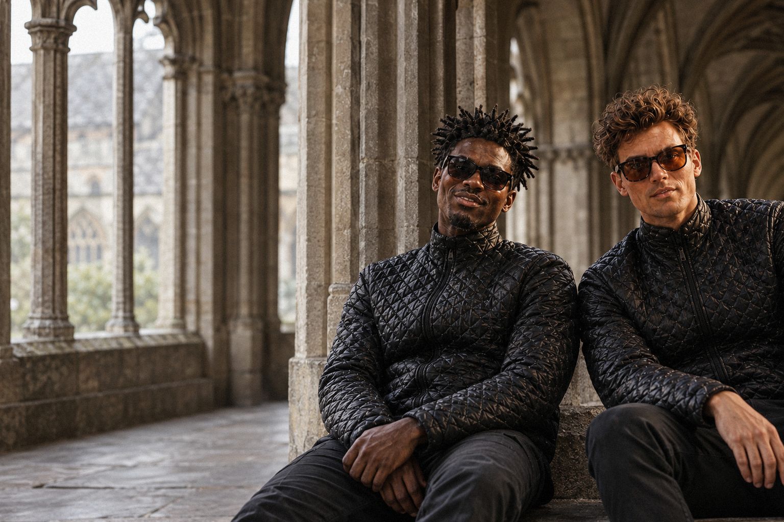 The two WolfX characters walk through cathedral cloisters on a grey afternoon.