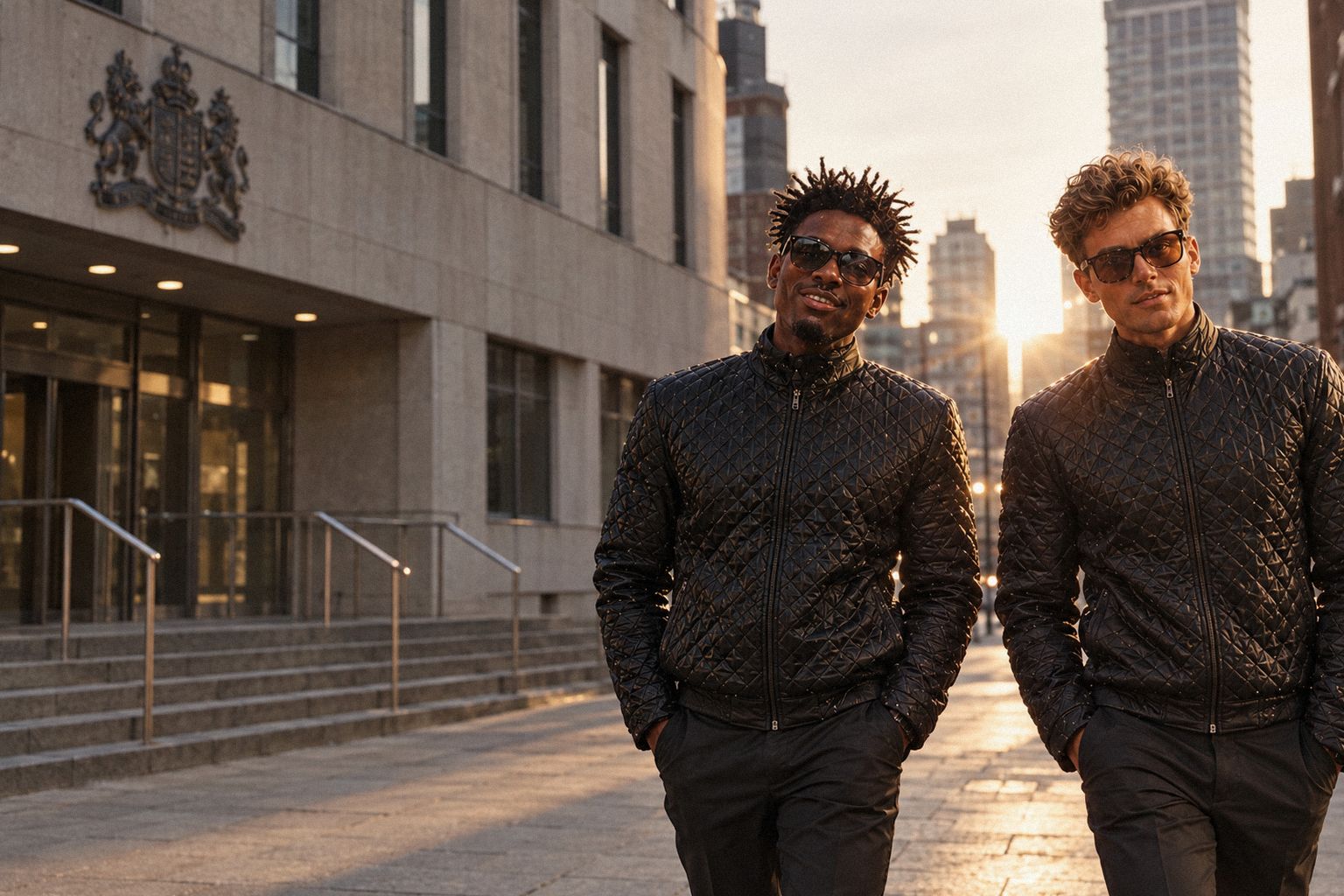 The two WolfX characters leave a government office building in low afternoon sun.