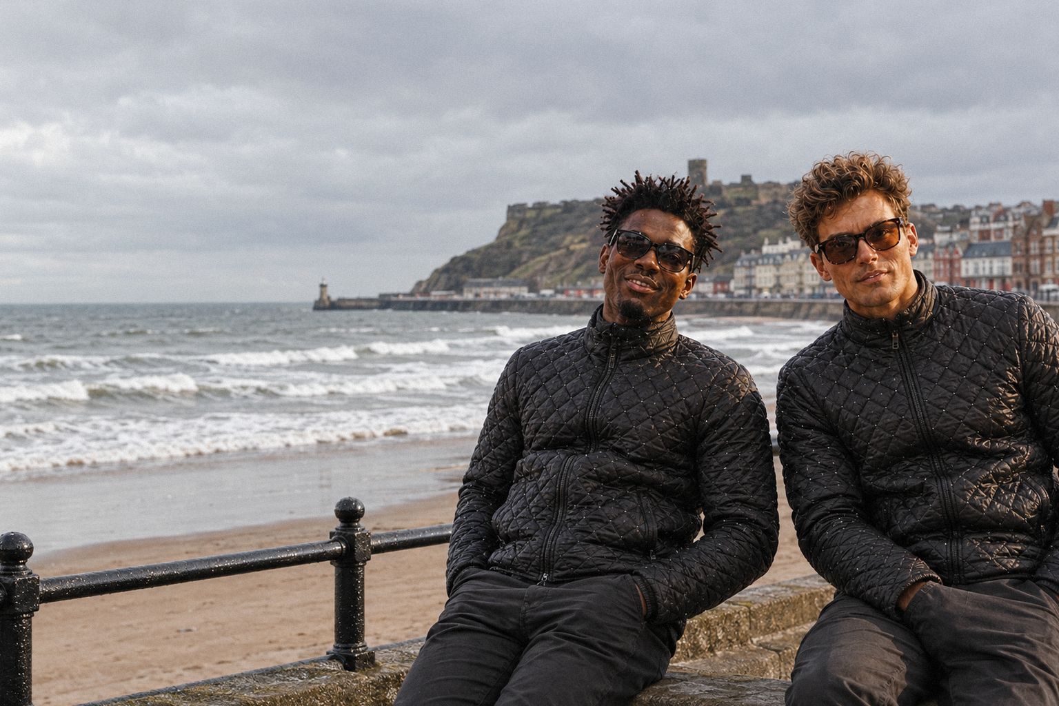 The two WolfX characters walk along a winter seafront in Scarborough.