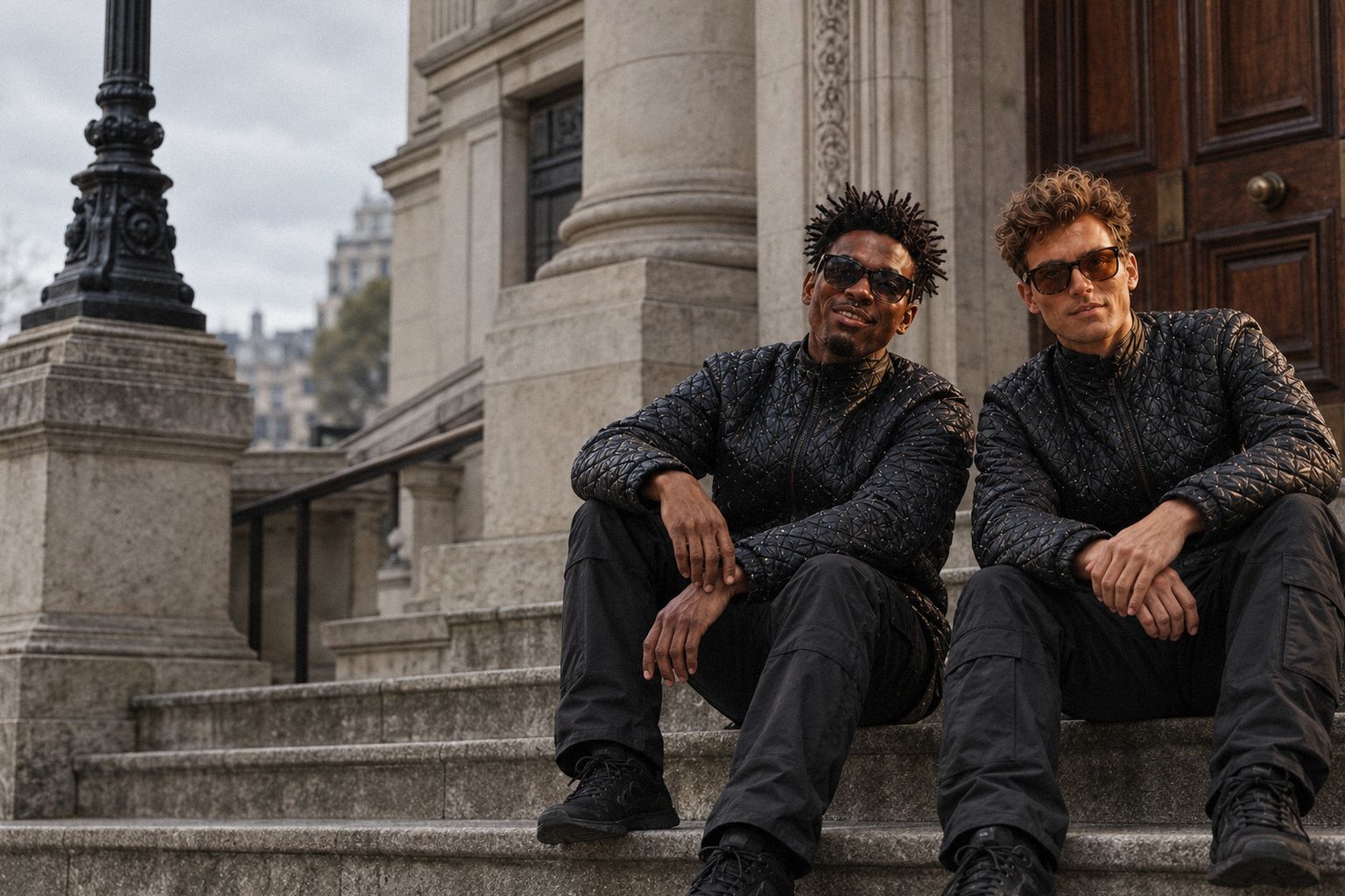 The two WolfX characters climb the steps of an old bank building on an overcast morning.
