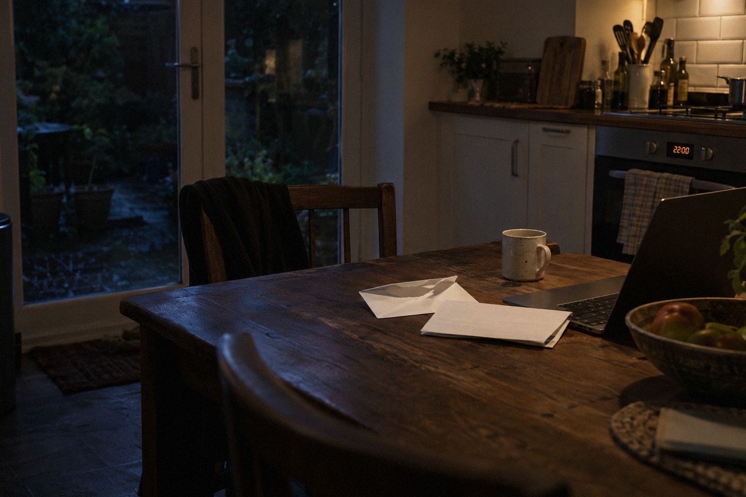 A kitchen table at 10pm, an opened letter beside a laptop and a cold mug.