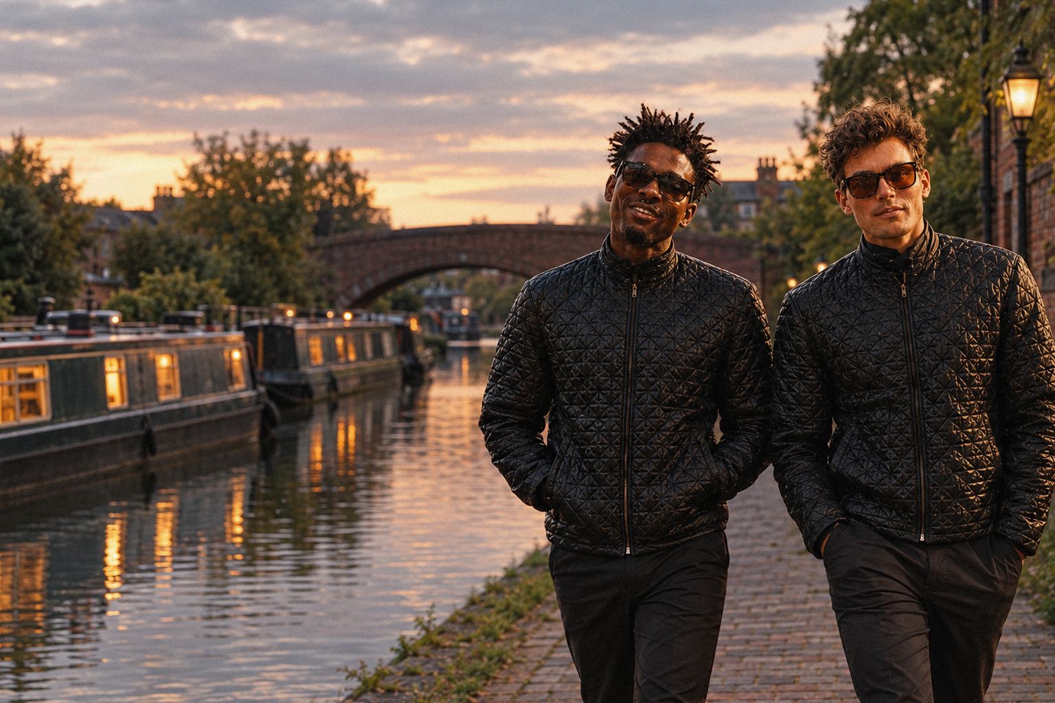 The two WolfX characters walk along a canal path past narrowboats in the evening.