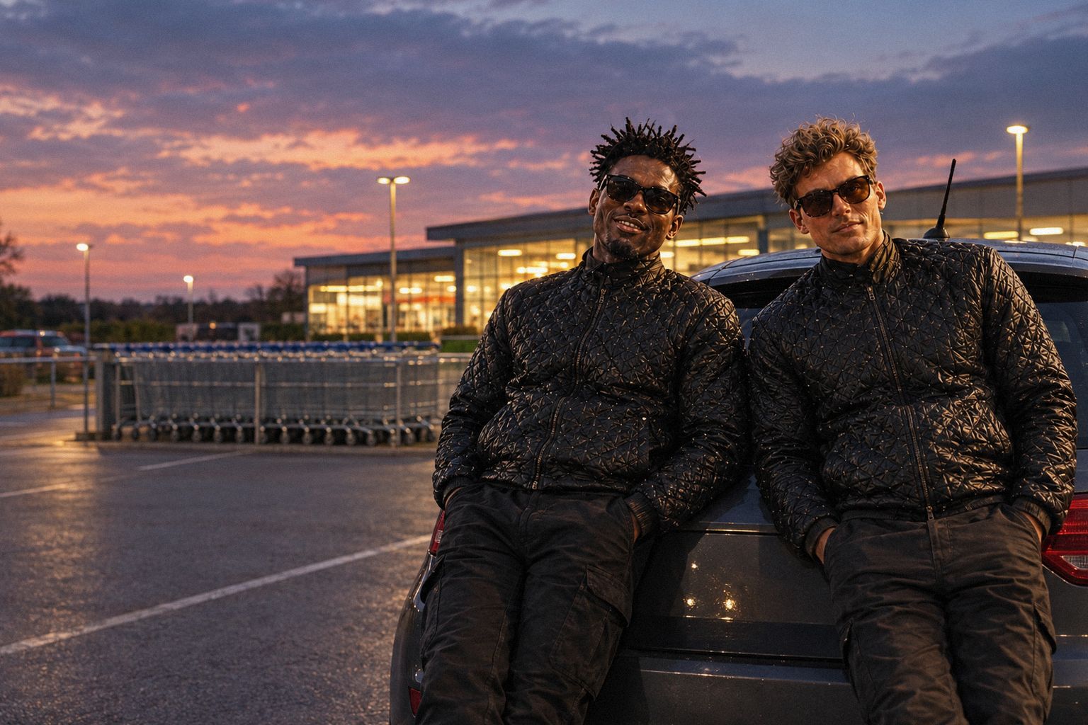 The two WolfX characters lean against a car in a supermarket car park at dusk.