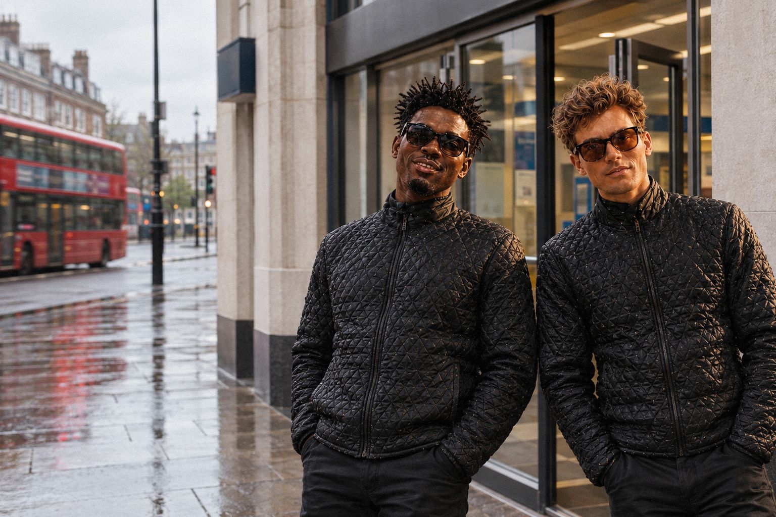 The two WolfX characters stand outside a high-street bank as it opens in the morning.