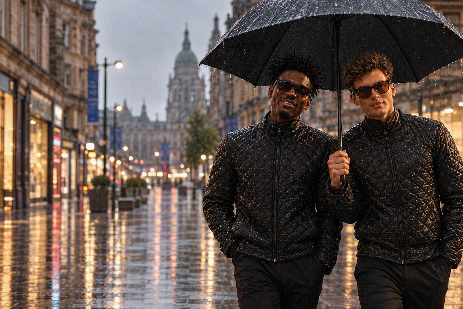 The two WolfX characters share an umbrella on a rainy Glasgow street.