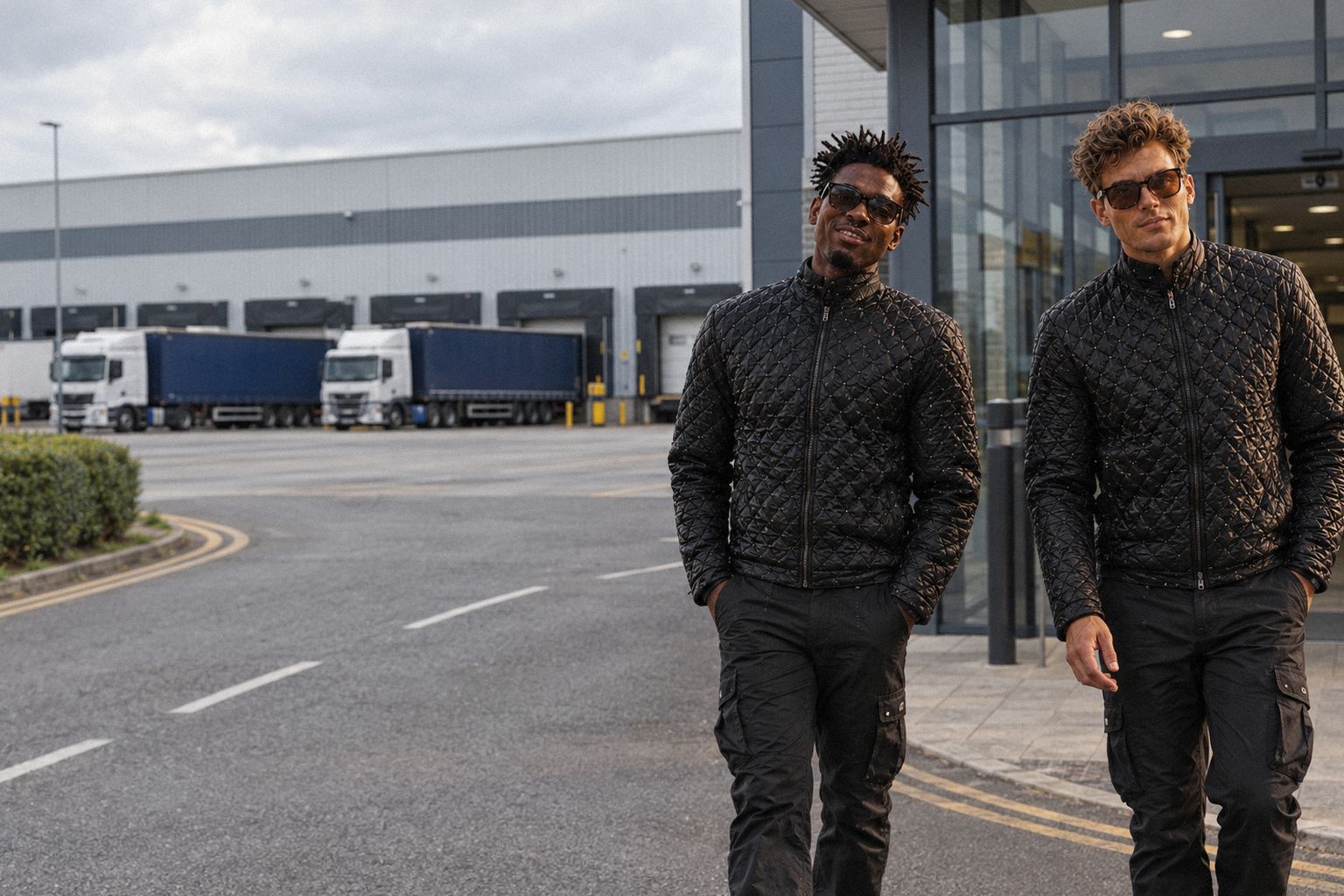 The two WolfX characters leave a large distribution warehouse with lorries at the docks.