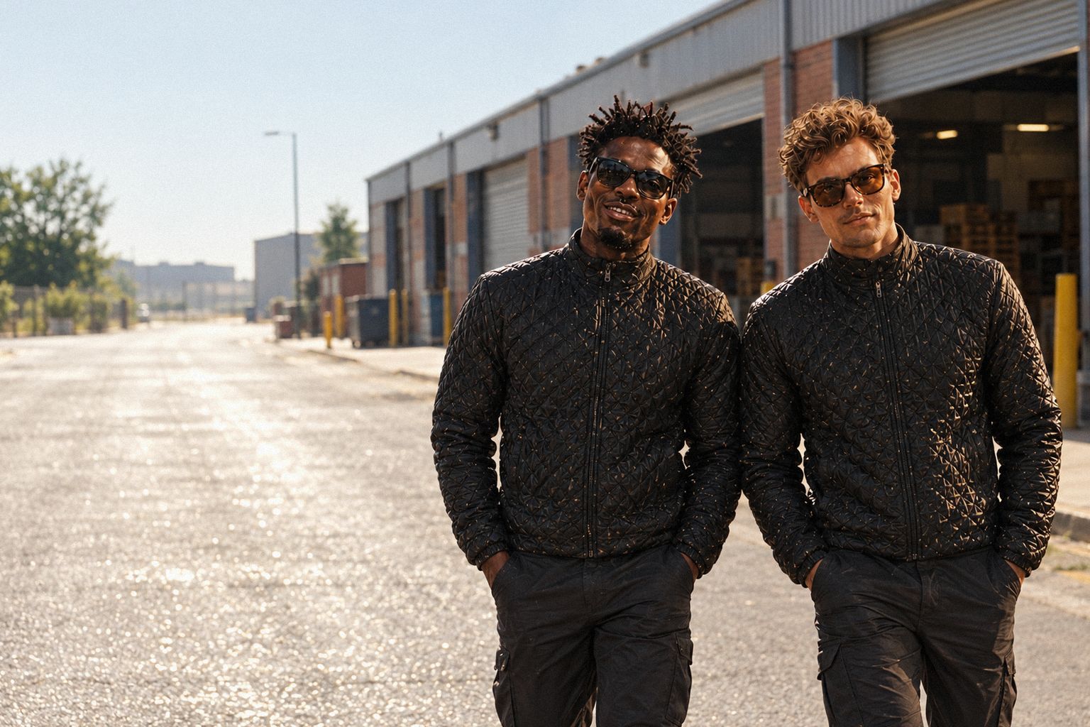The two WolfX characters walk along an industrial estate road on a hot July afternoon.