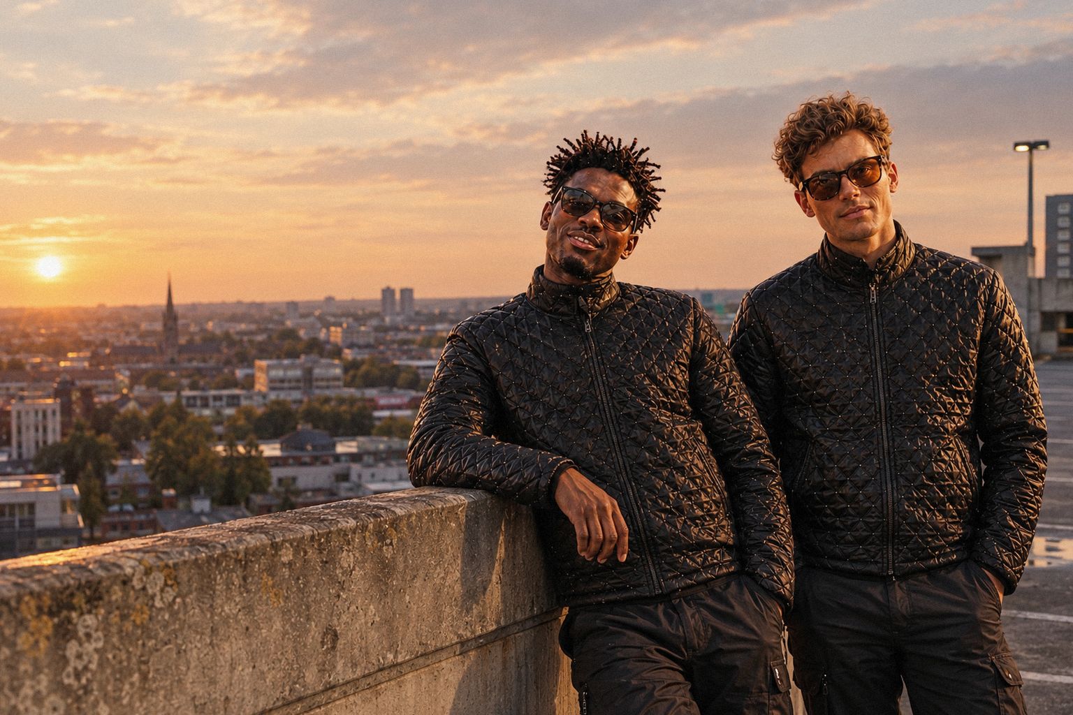 The two WolfX characters stand on top of a multi-storey car park at sunset.