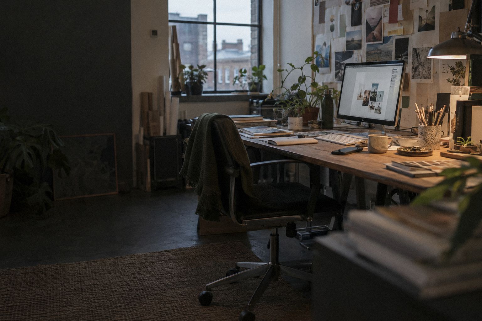 A designer's studio at 5.30pm on a Friday, the last light in the window.