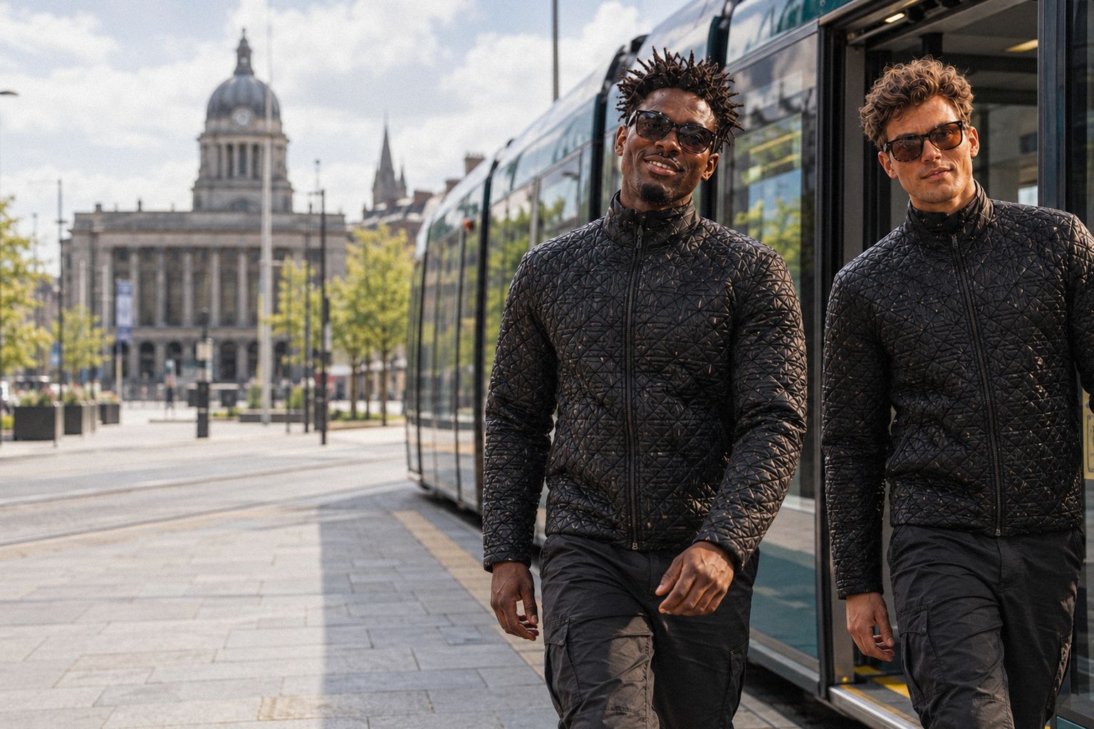 The two WolfX characters step off a tram in Nottingham at lunchtime.