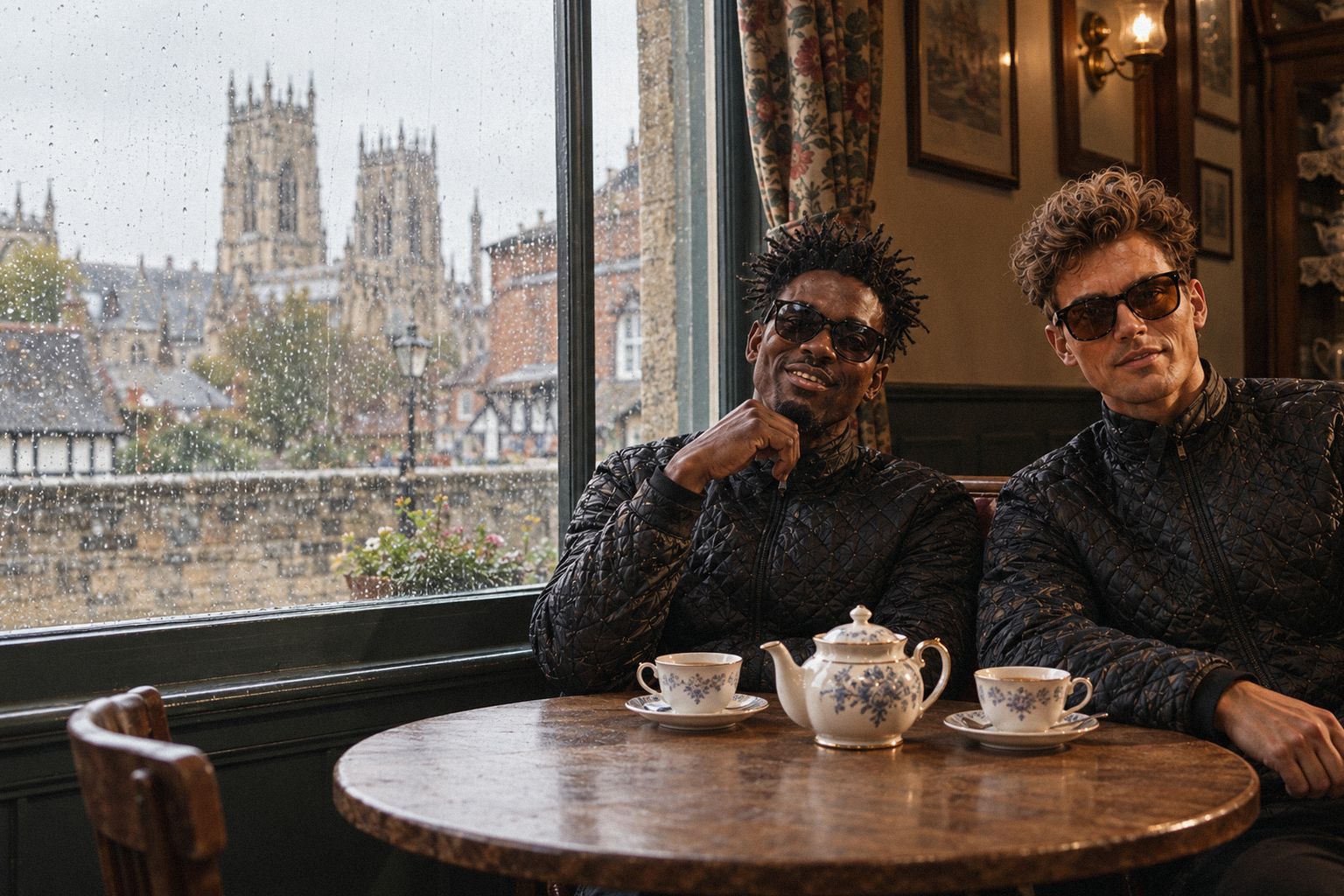 The two WolfX characters sit in a tearoom window in York with a pot of tea.