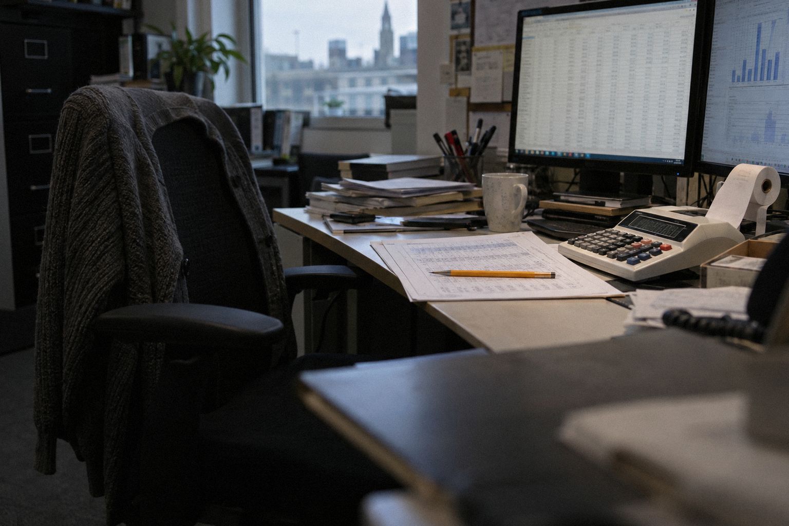 A finance desk in September, a printed sheet of figures with a pencil on it.