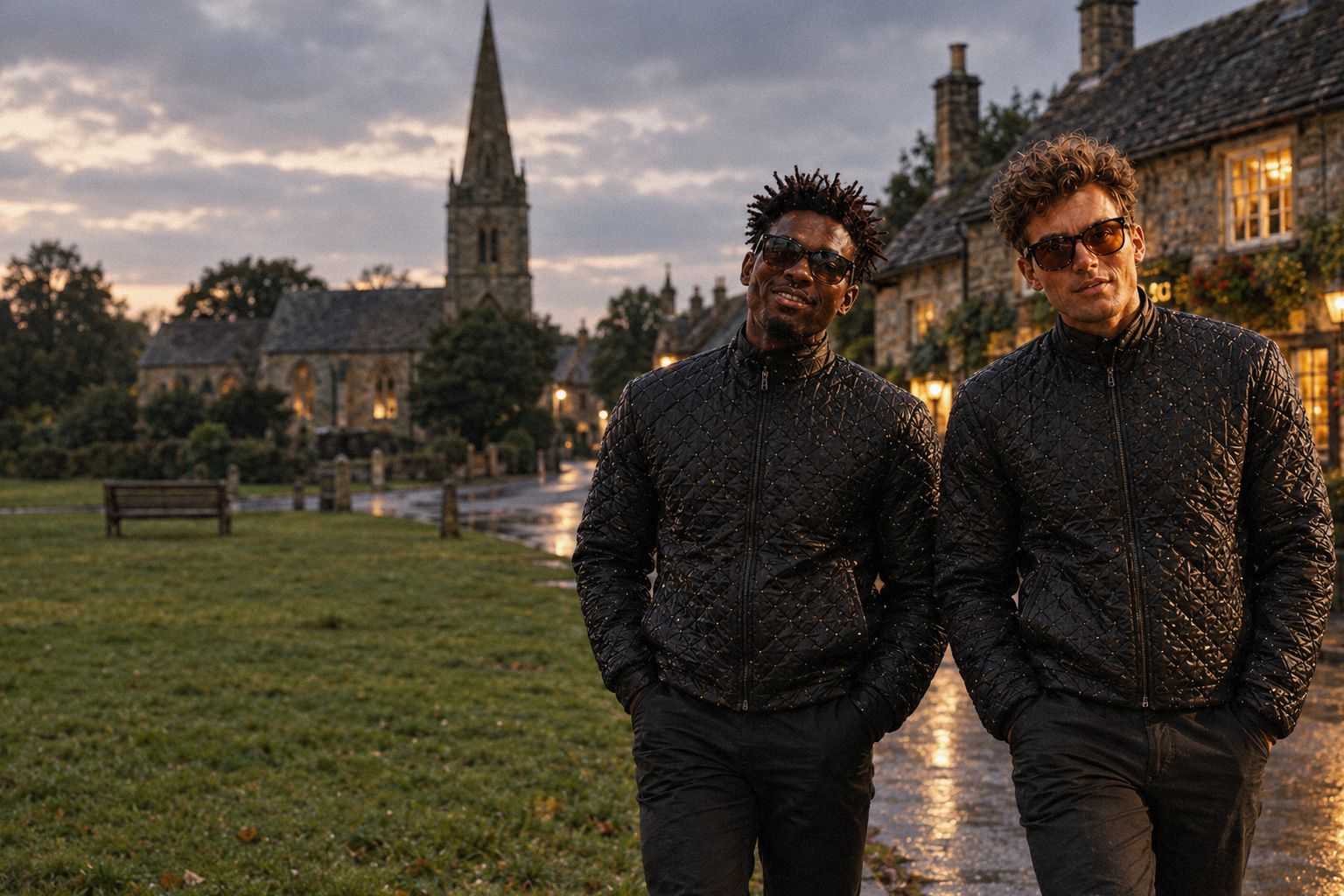 The two WolfX characters cross a village green on a wet September evening.