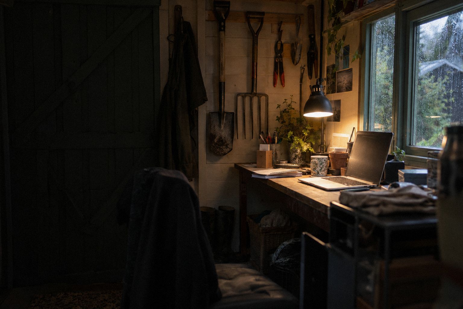 A garden shed office on a wet evening, one lamp on and tools on the wall.