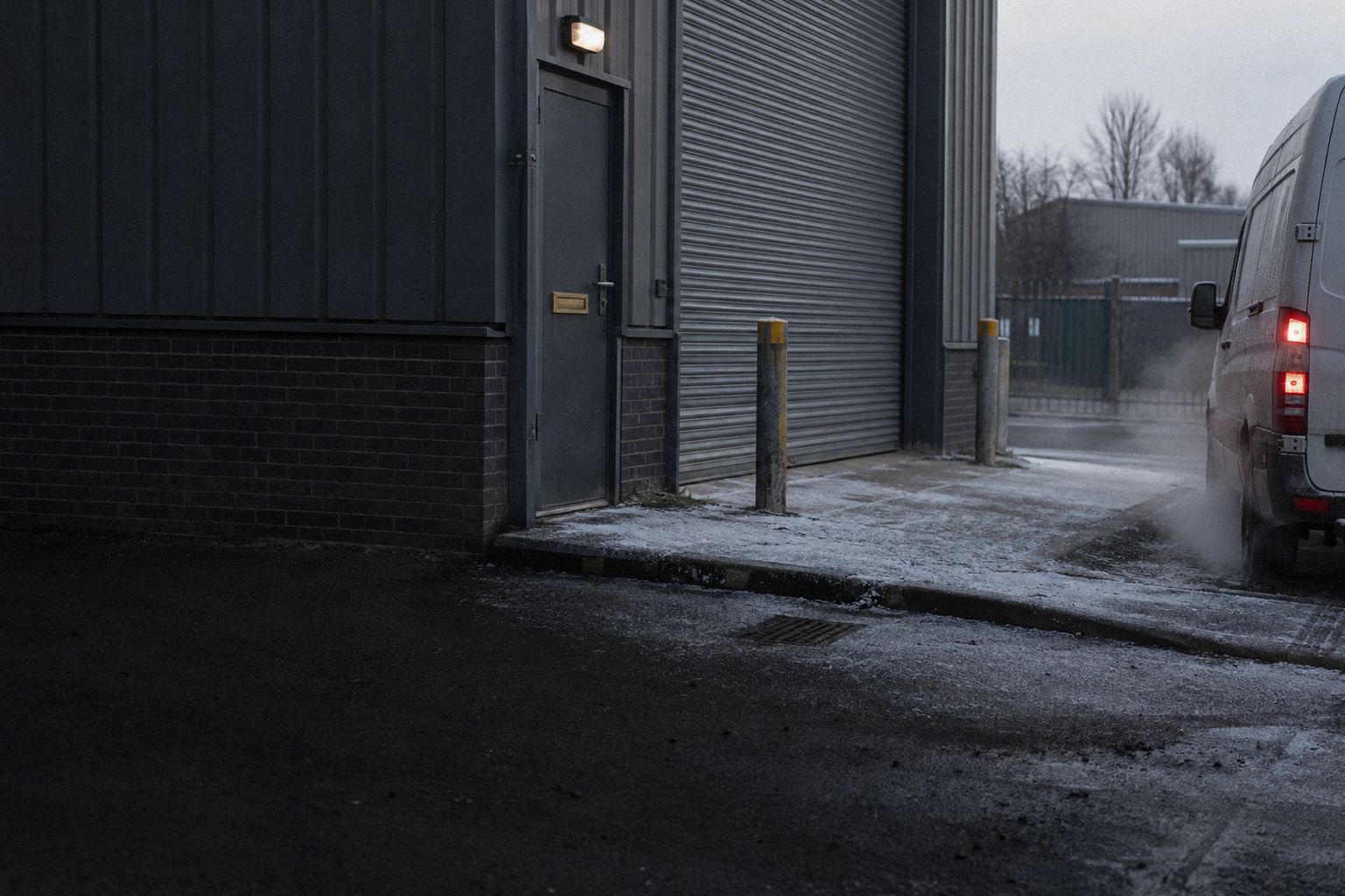 A unit door on an industrial estate at 8am, frost on the step and a letterbox.